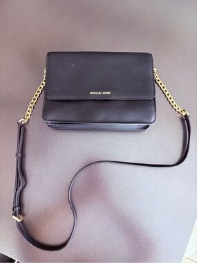 Michael Kors Black Saffiano Leather Crossbody with Gold Chain Strap